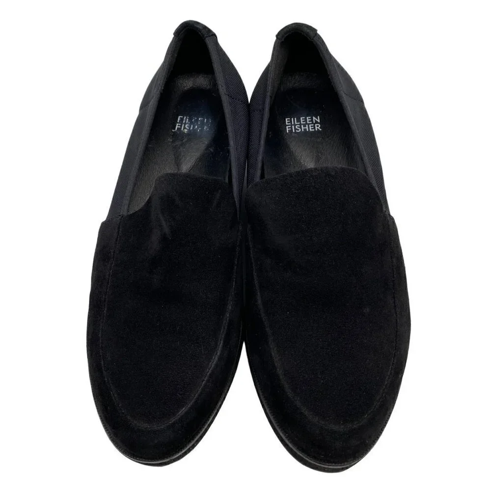 Eileen Fisher Dell Platform Loafer Black Suede Stretch Slip-On Women Sz 8.5